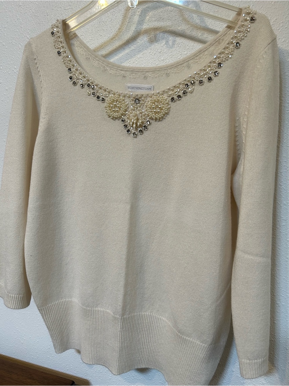 Worthington Cream Beaded Scoop Neck Sweater